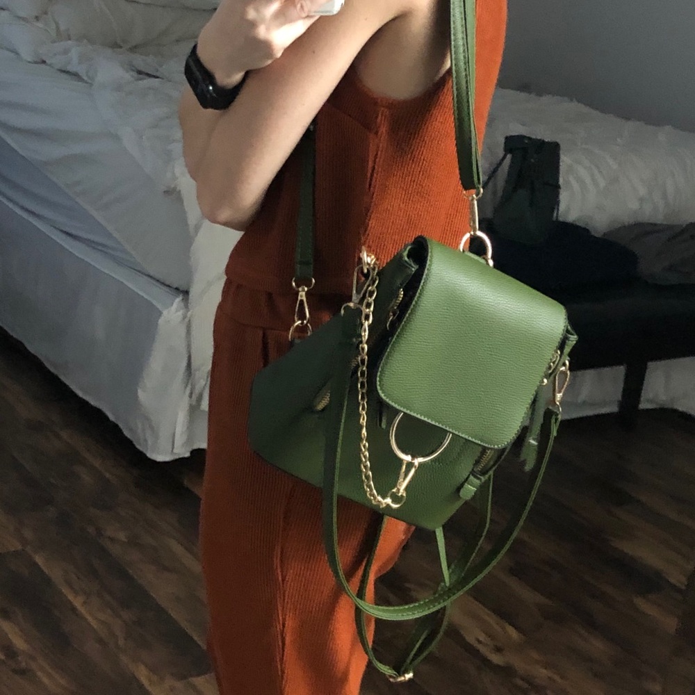 Green mini purse and backpack with gold
